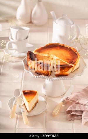 Homemade New york cheesecake made with mascarpone and vanilla. New york cheesecake on tart. Stock Photo