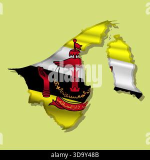 Waving vector abstract flag of Brunei in map shape with shadow Stock Vector
