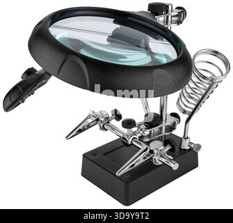 Desktop magnifying glass with clamps for working with electronics. On a white background, insulated. Stock Photo