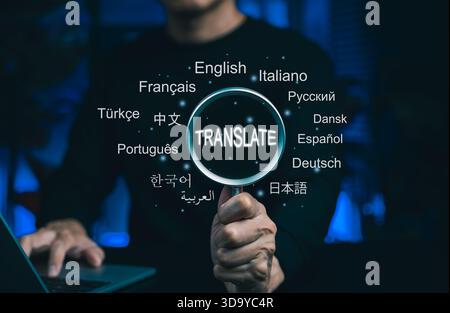 Translation and Multilingual Communication Concept. A magnifying glass highlights the word "Translate," surrounded by names of multiple languages, mul Stock Photo