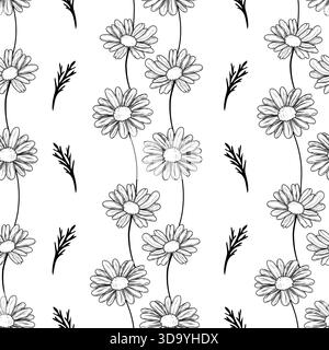 Seamless floral pattern with daisies arranged in vertical stripes and scattered black sprigs. Perfect for fabric, wrapping paper, stationery, and surface design. Stock Vector