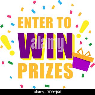 Enter to win prizes. vertical banner. orange gift box on white background and exclamation marks. Fireworks or confetti around. Cartoon origami style Stock Vector