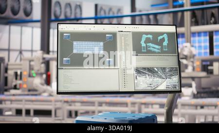 Monitor in smart photovoltaics factory analyzing performance data to optimize operations. Display in industry 4.0 solar panels plant conducting preventive maintenance for equipment through IoT sensors Stock Photo
