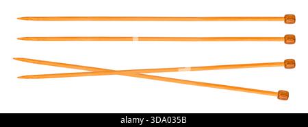 wooden knitting needles, lie crossed. Isolated on white background. copy space, template Stock Photo