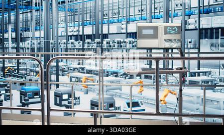 Monitor displaying industrial analytics dashboard for Industry 4.0 photovoltaics plant equipment. Solar panels smart factory display visualizing robotic arms performance and metrics from sensor data Stock Photo