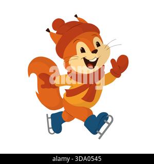 A cheerful squirrel on skates, wearing a winter hat, scarf, and mittens. Vector illustration in a bright, flat cartoon style. Ideal for children's Stock Vector