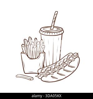 A composition featuring a hot dog, fries, and soda, executed in a vector engraving style with thin linear contours. Elements of American fast food. Stock Vector