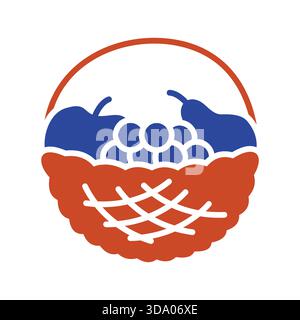 A clean outline vector icon of a basket overflowing with autumn fruits like apples, pears, and grapes. This icon symbolizes harvest, healthy eating, a Stock Vector