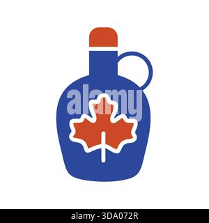 A clean, black-and-white outline vector icon of a classic jug of maple syrup with a maple leaf symbol on it. This design is perfect for themes of orga Stock Vector