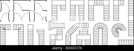 Set of doors and stairs icons for floor plan. Architecture elements for interior design blueprint isolated on white background. Symbols for 2D Stock Vector