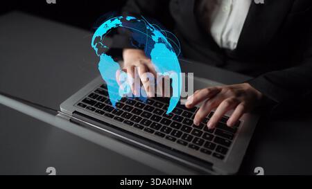 Global network connection visualization showing data exchange, digital link, worldwide communication. Global data flow and digital network Stock Photo