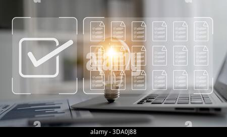 Task management concept illustrating digital checklist, document organization, and workflow tracking for project planning and productivity. Parse Stock Photo