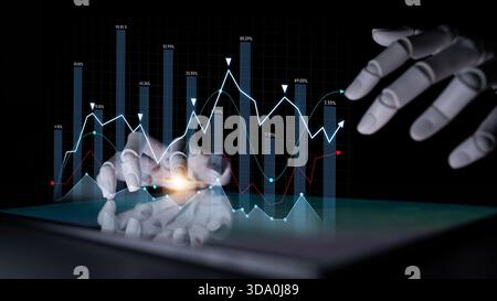 A futuristic robotic hand interacts with financial data on a tablet, showcasing advanced technology role in data analysis and modern financial Stock Photo