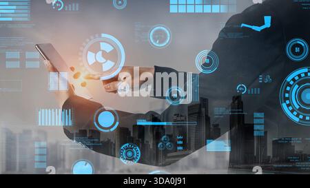 A business professional interacts with a smartphone displaying advanced data visualization in a bustling urban setting, showcasing modern Stock Photo