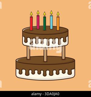 A festive illustration of a layered birthday cake with candles Stock Vector