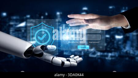 A captivating image showcasing the interaction between a human hand and a robotic hand, emphasizing secure login and advanced cybersecurity Stock Photo
