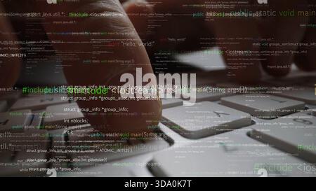 Close-up of hands typing on a keyboard surrounded by dynamic code overlay, illustrating programming and technology themes in a contemporary workspace Stock Photo