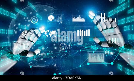 This image showcases robotic hands engaged with vibrant data visualizations in a digital setting, symbolizing the blend of technology and innovation Stock Photo