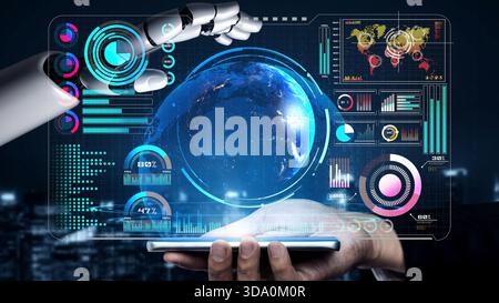 AI-powered global network interface enabling real-time data interaction, virtual assistant support, and artificial intelligence-driven internet Stock Photo