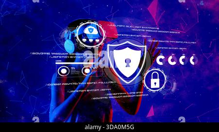 This captivating image showcases a cutting-edge approach to cybersecurity, featuring a digital shield symbolizing data protection amidst a vibrant Stock Photo