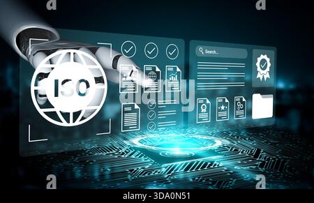 A robotic hand interacts with a futuristic digital display, showcasing ISO standards and data visualizations in a dynamic technological environment Stock Photo