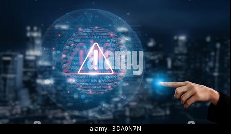 A futuristic digital alert symbol displays a warning triangle, emphasizing cybersecurity threats against a modern urban backdrop, highlighting data Stock Photo