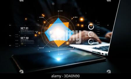 A captivating image showcasing abstract data visualization over a laptop alongside a tablet, symbolizing technology and innovation in modern business Stock Photo