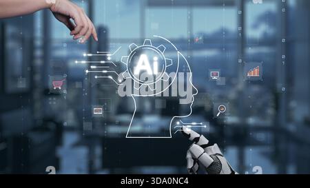 Human Hand Interacting with Robotic Artificial Intelligence Symbol Against a Modern Business Background Showcasing Advanced Technology Concepts Stock Photo