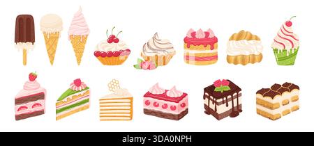 Cakes, pieces of cake and ice cream, different types desserts vector set. Birthday or wedding various slices cakes texture illustration. Sweet holiday bakery art. Vector hand drawn flat cartoon design Stock Vector