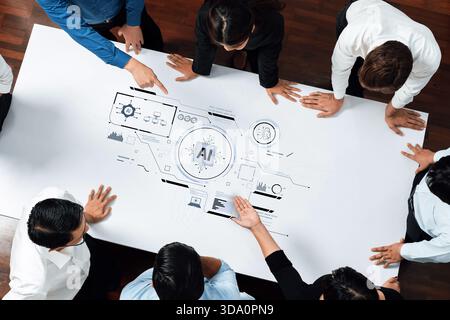 A diverse team engages in a collaborative brainstorming session over a whiteboard displaying intricate AI graphics and data visualizations Stock Photo