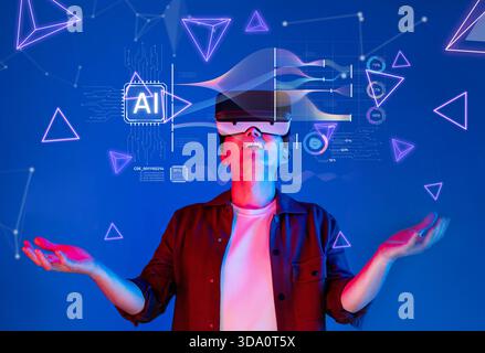 A person immersed in a virtual reality environment, exploring the concepts of artificial intelligence and generative technologies through interactive Stock Photo