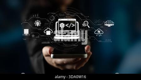 Modern web development concept featuring coding symbols, web development process, web development interface, and web development tools with futuristic Stock Photo