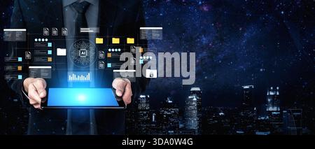 A businessman in a suit is holding a tablet displaying AI data visualization elements, set against a night skyline and starry backdrop, symbolizing Stock Photo