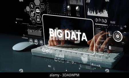 Analyzing Big Data Concepts with Modern Technology and Digital Interfaces in a Dark Environment. Asymptotic smart data analytic. Stock Photo