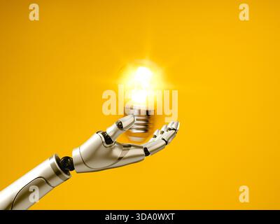 Robot hand holding glowing light bulb symbolizes artificial intelligence, innovation, smart technology, machine learning creativity, and efficient AI- Stock Photo
