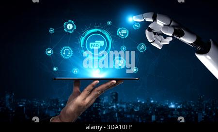 Artificial intelligence assists online help and FAQ services, answering questions, guiding customers, and improving support efficiency through smart Stock Photo