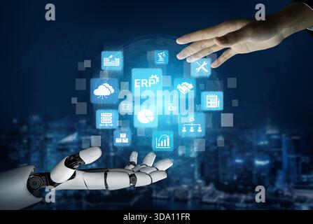 Artificial intelligence enhances ERP systems, optimizing processes, integrating business data, and supporting smart decision-making across Stock Photo