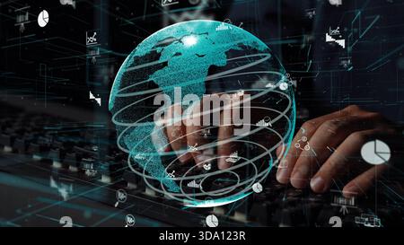 Visual representation of global connectivity through technology, featuring an artistic globe, data points, and hands interacting with a keyboard Stock Photo