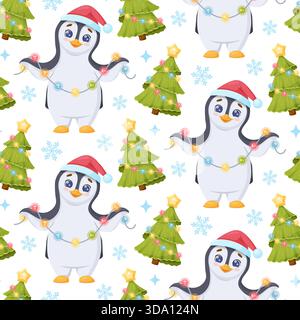 winter seamless pattern with dancing funny penguins, santa hat, christmas trees, snowflakes. Stock Vector