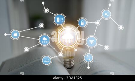 This image captures the essence of cloud technology intertwined with networking concepts, symbolized by a glowing light bulb that signifies innovation Stock Photo