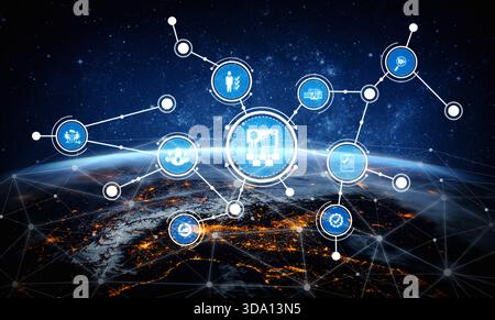 Explore the intricate digital network of technology and data icons against a stunning view of Earth, illustrating modern connectivity and global Stock Photo