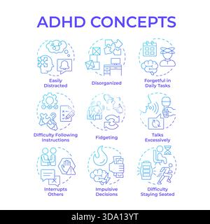 ADHD blue gradient concept icons Stock Vector