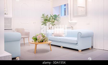 Modern living room interior with light blue sofa and flowers Stock Photo