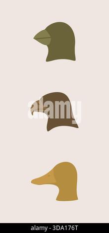 Vertical strip showing three simplified bird head profiles in solid shapes. Stock Vector