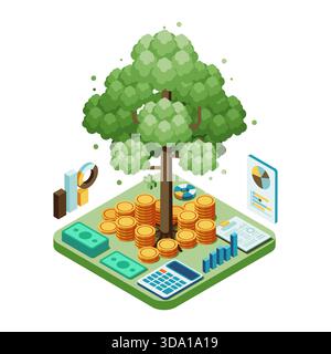 Isometric Financial Growth Investment Tree with Money and Charts. Sustainable Investment Funds Concept Stock Vector
