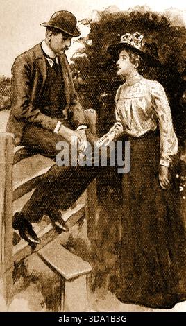 1901 Fashions - A married couple with the man sitting on a country stile during a counry walk. Stock Photo