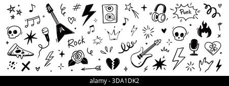 Rock and roll music icons with punk guitar stickers, grunge skulls, hand gestures, stars and tattoo style band symbols. Hand drawn grunge doodle style rock music icons. Vector illustration Stock Vector