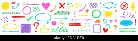 Arrow, circle, underline crayon line chalk textures hand drawn doodle color set. Hand drawn pastel color texture arrow, dot, star elements. Highlight, circle frame brush set. Vector illustration Stock Vector