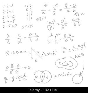 School math formulas, black and white sketch. Vector illustration. Trigonometric and algebraic equations, logarithmic equations, isolated on a white b Stock Vector