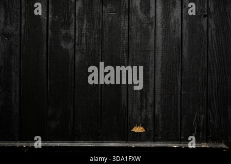 Dark black wooden plank background with weathered texture and small damaged spot revealing natural wood beneath. Stock Photo